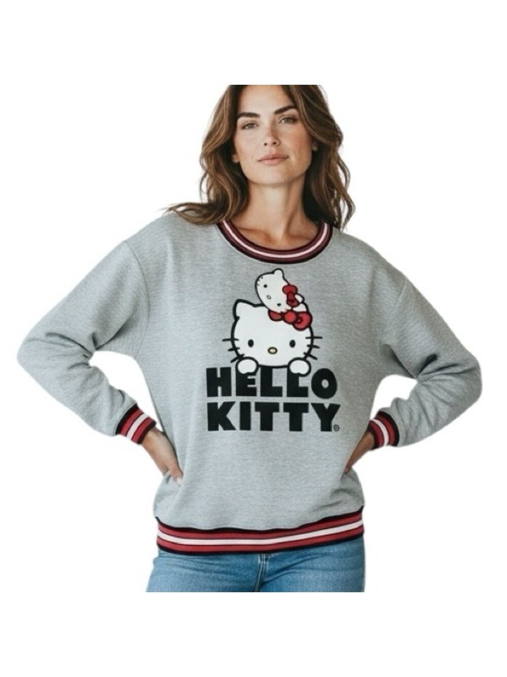 Sanrio Womens Hello Kitty Gray Sweatshirt with Striped Cuffs and Hem XL NEW